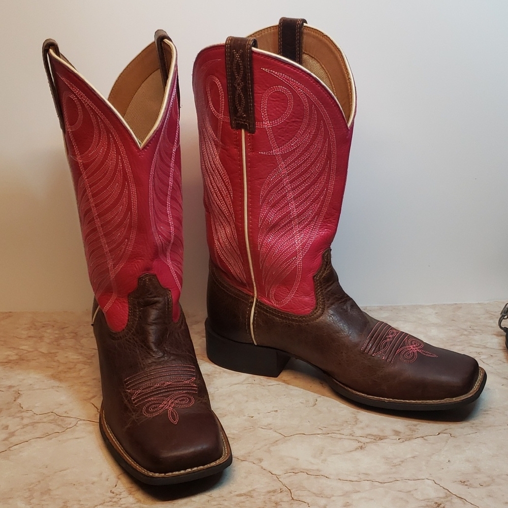 Ariat Brown Leather & Pink Shaft Western Heeled Boots